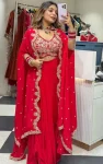 FANCY CHINON THREAD, EMBROIDERY , ZARI AND SEQUENCE WORK BUSTIER SRAPE SKIRT WITH SHRUG STYLE DUPATTA RED