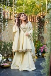 FANCY COSMOS GOLD ZARI SILK REAL MIRROR WORK LACE BORDER WORK TOP PALAZZO WITH DUPATTA OFF WHITE