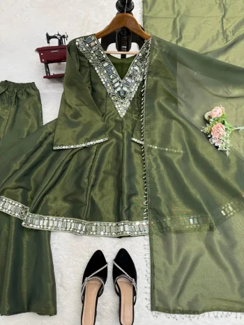 FANCY COSMOS THREAD WITH REAL MIRROR WORK TOP PALAZZO WITH DUPATTA MEHNDI