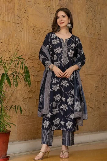 FANCY COTTON BLEND DIGITAL PRINT WORK TOP BOTTOM WITH DUPATTA  BLUE