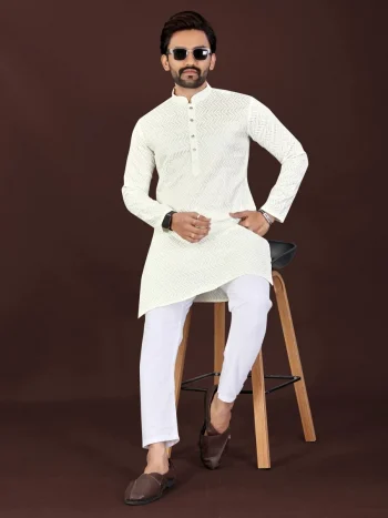 FANCY COTTON BLEND HANDCRAFTED LUCKHNAWI CHIKANKARI WORK MEN'S KURTA PAYJAMA WHITE