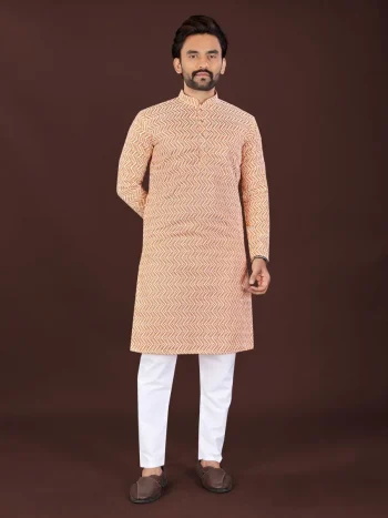 FANCY COTTON BLEND HANDCRAFTED LUCKHNAWI CHIKANKARI WORK MEN'S KURTA PAYJAMA PEACH