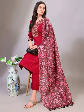 FANCY COTTON EMBROIDERY WORK TOP BOTTOM WITH DUPATTA RED