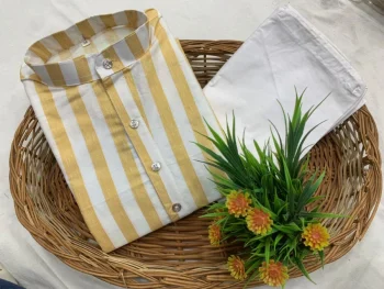 FANCY COTTON PRINTED WORK MEN'S KURTA PAYJAMA YELLOW