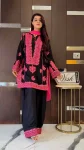 FANCY CREPE SILK EMBROIDERY CHAIN STITCH WORK WITH REAL MIRROR WORK TOP PALAZZO WITH DUPATTA  BLACK AND PINK
