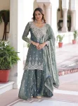 FANCY FANDY SILK CODING SEQUENCE EMBROIDERY WORK TOP PALAZZO WITH DUPATTA GREY