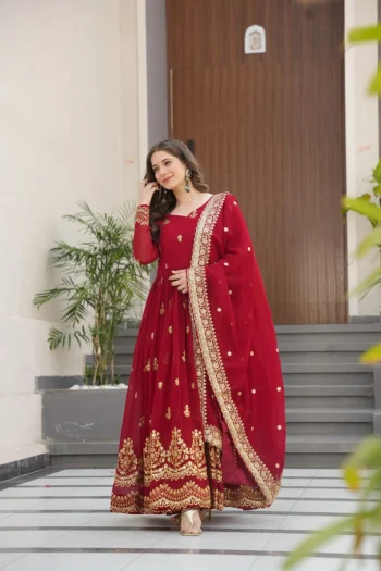 FANCY FAUX BLOOMING RICH ZARI & SEQUENCE EMBROIDERY WORK GOWN WITH DUPATTA RED