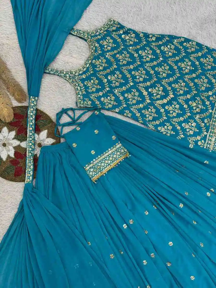 FANCY GEORGETTE EMBROIDERY AND SEQUENCE WORK WITH HANGING LATKAN WORK TOP PALAZZO WITH DUPATTA FESTIVE WEAR WHOLESALE PRICE ETHNIC GARMENT (19)