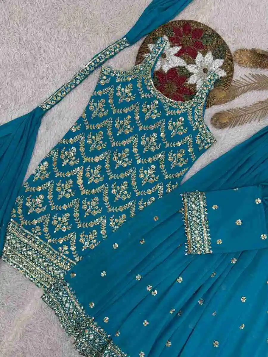 FANCY GEORGETTE EMBROIDERY AND SEQUENCE WORK WITH HANGING LATKAN WORK TOP PALAZZO WITH DUPATTA FESTIVE WEAR WHOLESALE PRICE ETHNIC GARMENT (20)