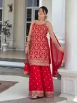 FANCY GEORGETTE EMBROIDERY AND SEQUENCE WORK WITH HANGING LATKAN WORK TOP PALAZZO WITH DUPATTA RED