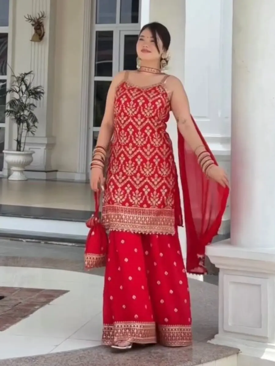 FANCY GEORGETTE EMBROIDERY AND SEQUENCE WORK WITH HANGING LATKAN WORK TOP PALAZZO WITH DUPATTA FESTIVE WEAR WHOLESALE PRICE ETHNIC GARMENT (26)