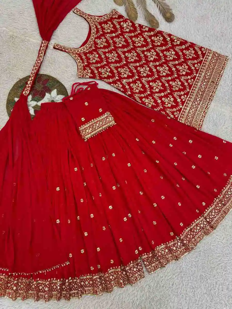 FANCY GEORGETTE EMBROIDERY AND SEQUENCE WORK WITH HANGING LATKAN WORK TOP PALAZZO WITH DUPATTA FESTIVE WEAR WHOLESALE PRICE ETHNIC GARMENT (28)