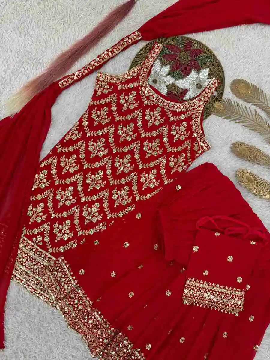 FANCY GEORGETTE EMBROIDERY AND SEQUENCE WORK WITH HANGING LATKAN WORK TOP PALAZZO WITH DUPATTA FESTIVE WEAR WHOLESALE PRICE ETHNIC GARMENT (29)