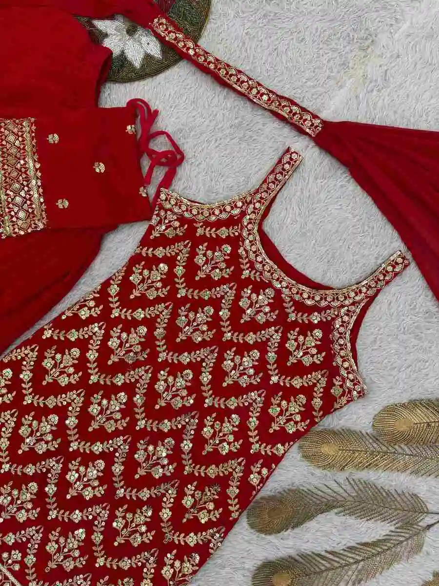 FANCY GEORGETTE EMBROIDERY AND SEQUENCE WORK WITH HANGING LATKAN WORK TOP PALAZZO WITH DUPATTA FESTIVE WEAR WHOLESALE PRICE ETHNIC GARMENT (30)