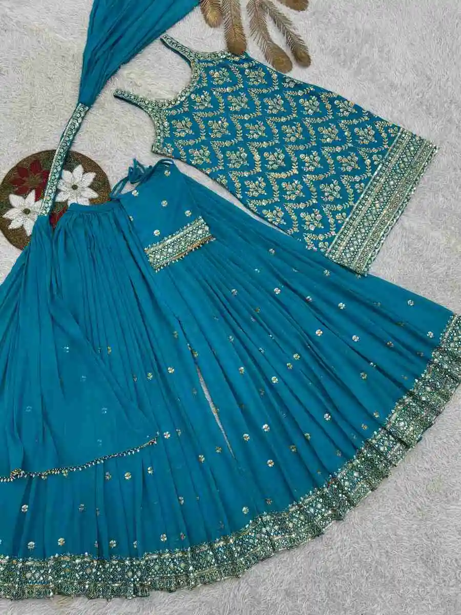 FANCY GEORGETTE EMBROIDERY AND SEQUENCE WORK WITH HANGING LATKAN WORK TOP PALAZZO WITH DUPATTA FESTIVE WEAR WHOLESALE PRICE ETHNIC GARMENT (37)