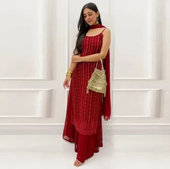 FANCY GEORGETTE EMBROIDERY SEQUENCE WORK TOP PALAZZO WITH DUPATTA RED