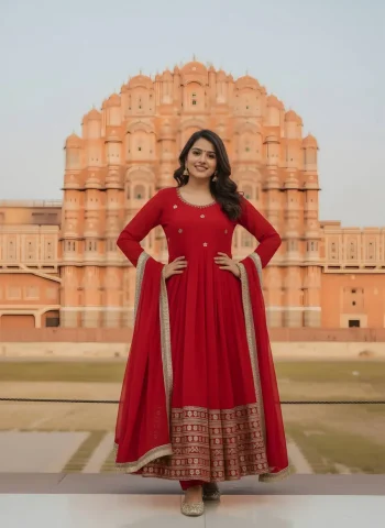 FANCY GEORGETTE EMBROIDERY SEQUENCE ZARI AND CODING WORK GOWN BOTTOM WITH DUPATTA RED
