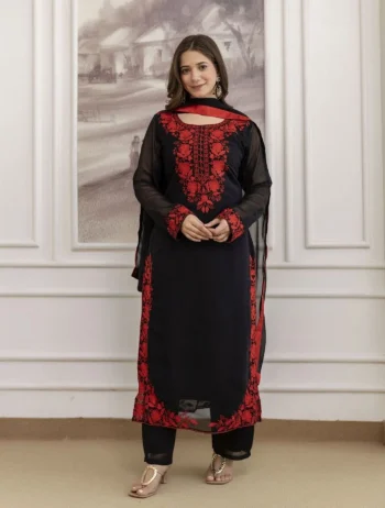 FANCY GEORGETTE EMBROIDERY WORK TOP BOTTOM WITH DUPATTA BLACK AND RED