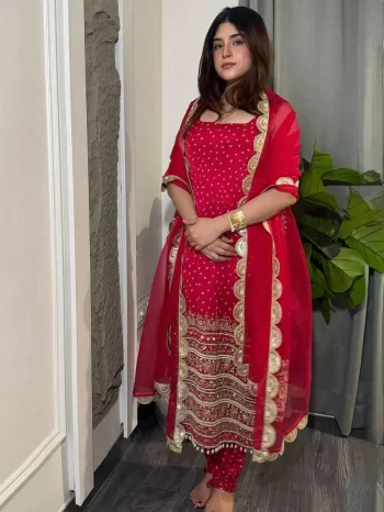 FANCY GEORGETTE PEARL MOTI & REAL MIRROR HAND WORK WITH EMBROIDERY WORK TOP BOTTOM WITH DUPATTA RED