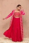FANCY GEORGETTE PLAIN LEHENGA WITH DIGITAL PRINT WITH SEQUENCE CODING EMBROIDERY WORK SHRUG AND BLOUSE PINK