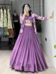 FANCY GEORGETTE PLAIN WITH FOIL PRINTED PATTERN WORK BLOUSE AND KOTI WITH PLAIN LEHENGA LAVENDER
