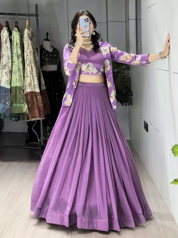 FANCY GEORGETTE PLAIN WITH FOIL PRINTED PATTERN WORK BLOUSE AND KOTI WITH PLAIN LEHENGA LAVENDER