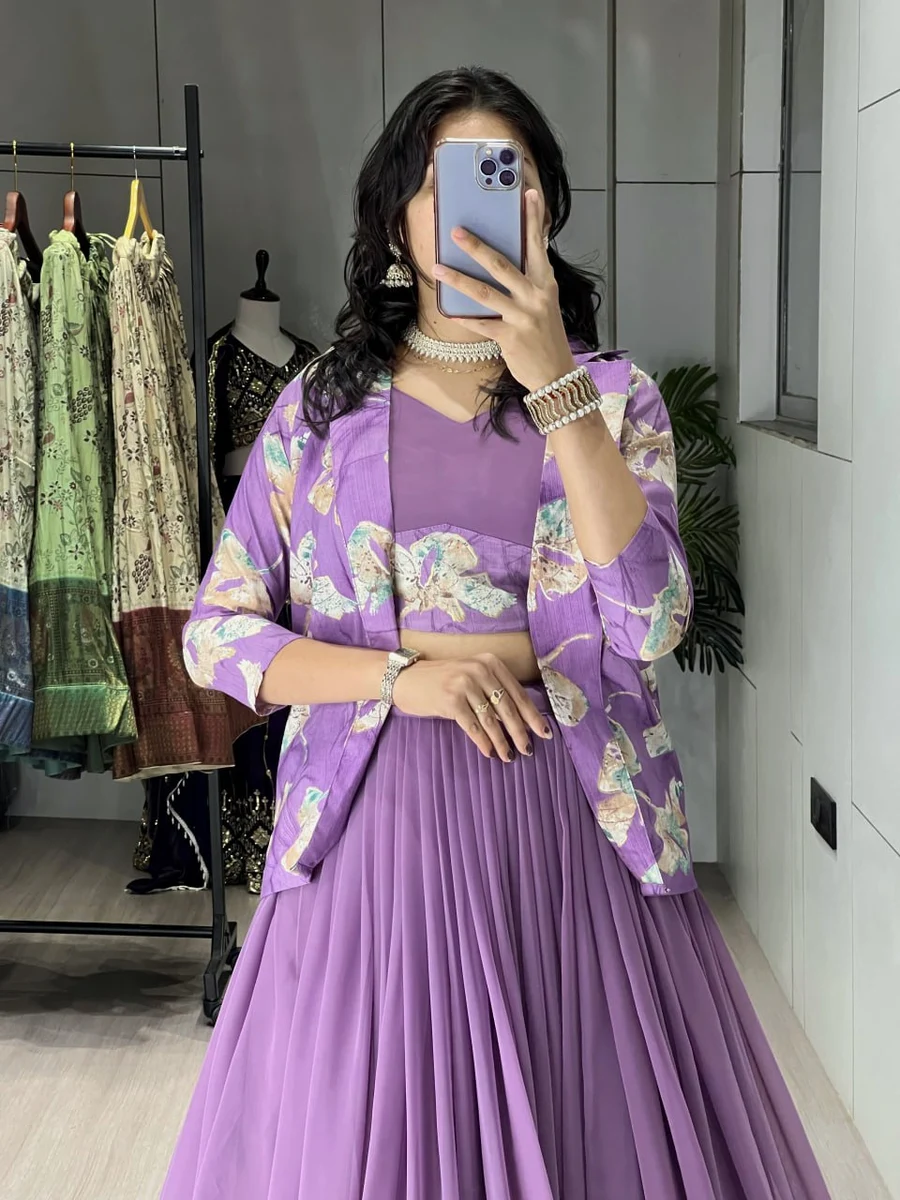 FANCY GEORGETTE PLAIN WITH FOIL PRINTED PATTERN WORK BLOUSE AND KOTI WITH PLAIN LEHENGA PARTY WEAR WHOLESALE PRICE ETHNIC GARMENT (4)