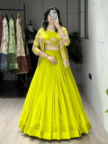 FANCY GEORGETTE PLAIN WITH FOIL PRINTED PATTERN WORK BLOUSE AND KOTI WITH PLAIN LEHENGA PARROT GREEN