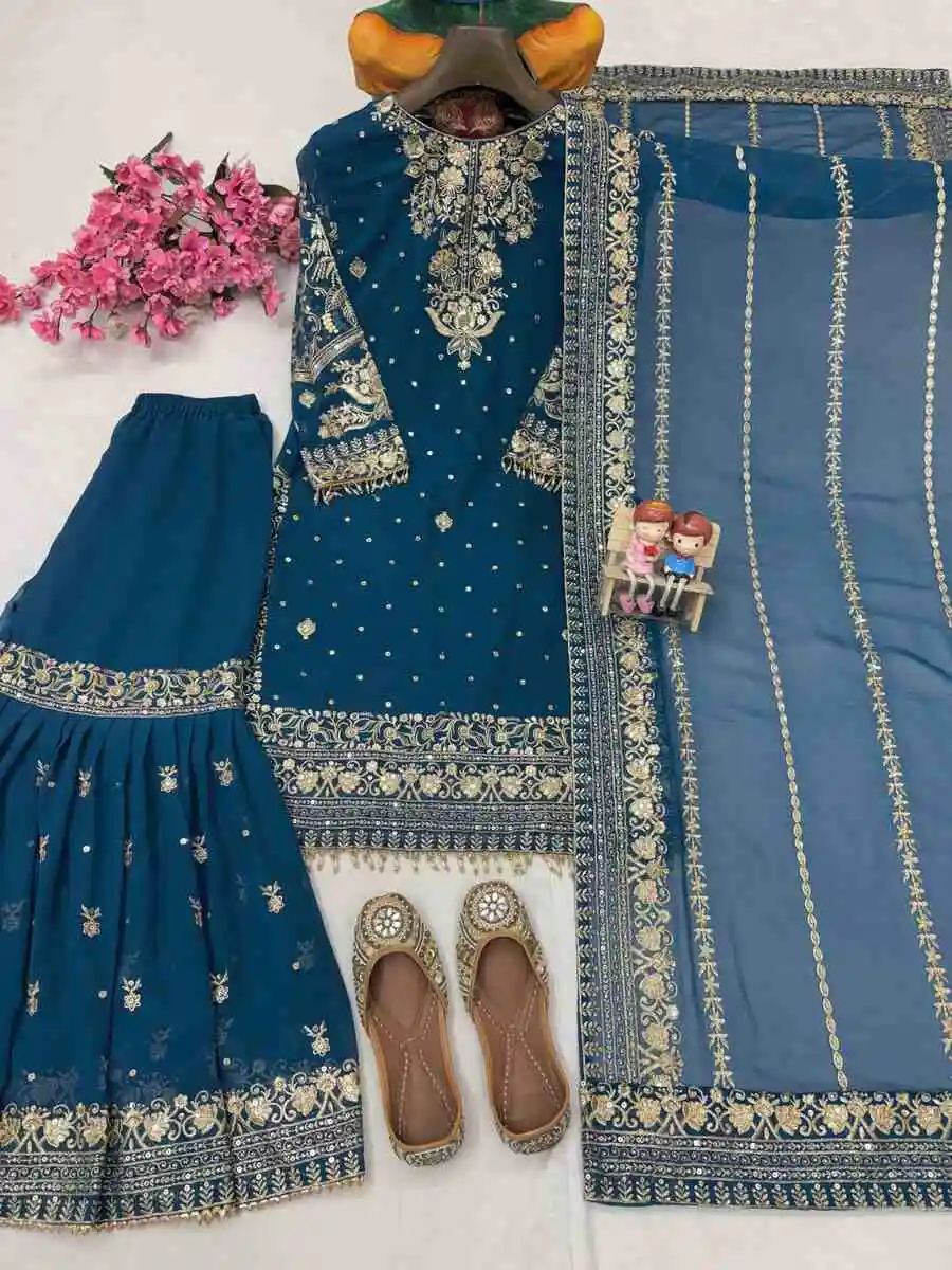 FANCY GEORGETTE SEQUENCE & ZARI EMBROIDERY AND FANCY LACE WORK TOP SHARARA WITH DUPATTA FESTIVE WEAR WHOLESALE PRICE ETHNIC GARMENT (10)