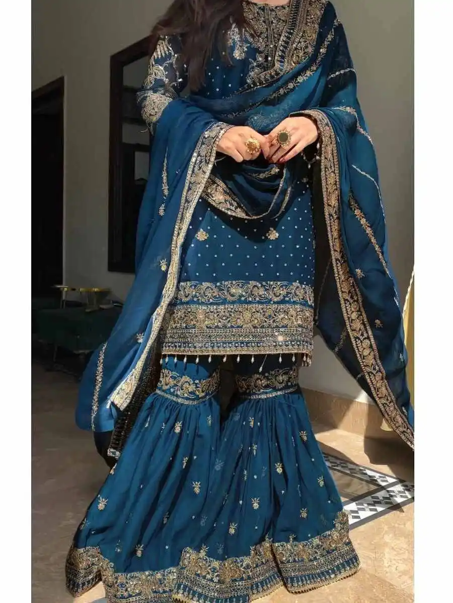 FANCY GEORGETTE SEQUENCE & ZARI EMBROIDERY AND FANCY LACE WORK TOP SHARARA WITH DUPATTA FESTIVE WEAR WHOLESALE PRICE ETHNIC GARMENT (5)