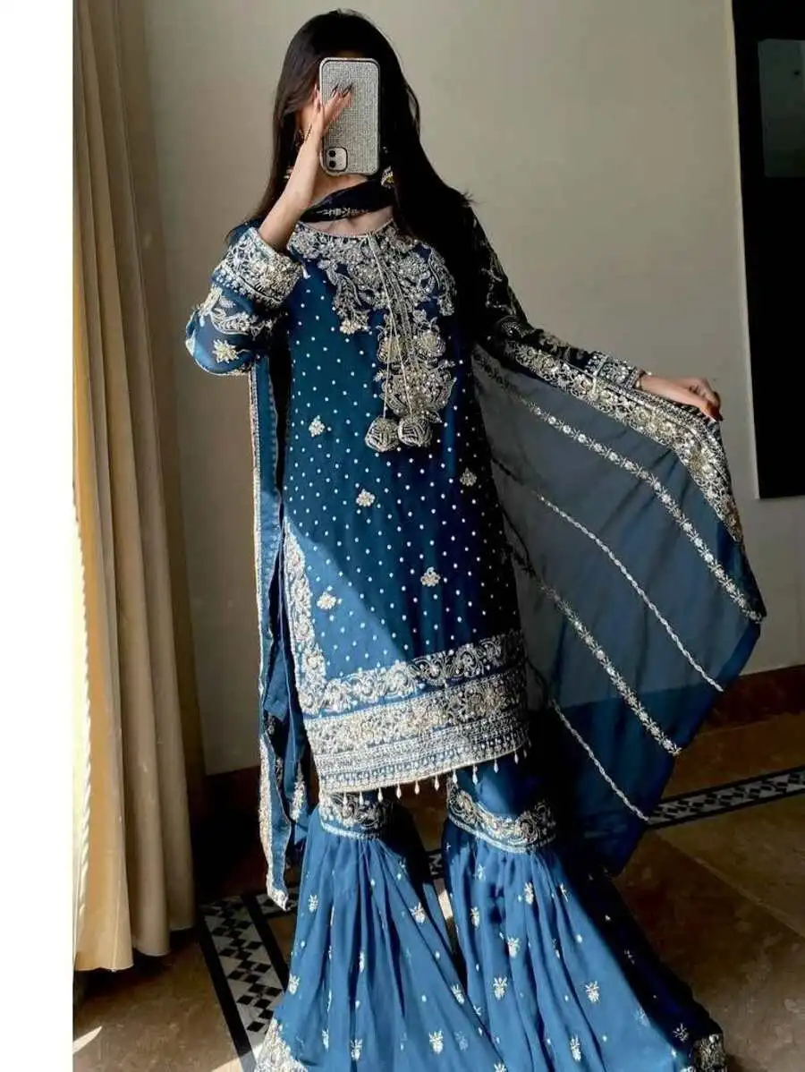 FANCY GEORGETTE SEQUENCE & ZARI EMBROIDERY AND FANCY LACE WORK TOP SHARARA WITH DUPATTA FESTIVE WEAR WHOLESALE PRICE ETHNIC GARMENT (6)