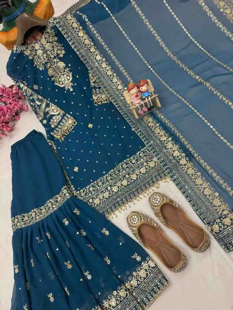 FANCY GEORGETTE SEQUENCE & ZARI EMBROIDERY AND FANCY LACE WORK TOP SHARARA WITH DUPATTA FESTIVE WEAR WHOLESALE PRICE ETHNIC GARMENT (9)