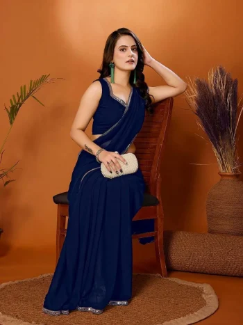 FANCY GEORGETTE SILK MIRROR BORDER LACE WORK SAREE WITH UNSTITCHED BLOUSE NAVY BLUE