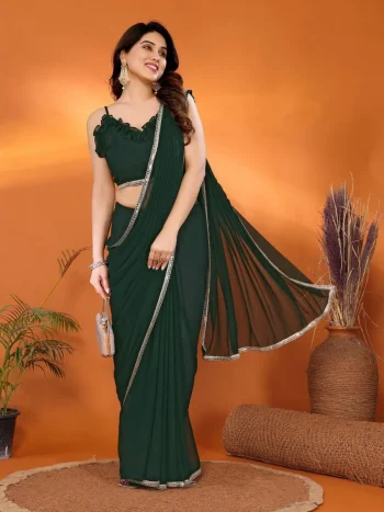 FANCY GEORGETTE SILK MIRROR BORDER LACE WORK SAREE WITH UNSTITCHED BLOUSE GREEN