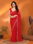 FANCY GEORGETTE SILK MIRROR BORDER LACE WORK SAREE WITH UNSTITCHED BLOUSE RED