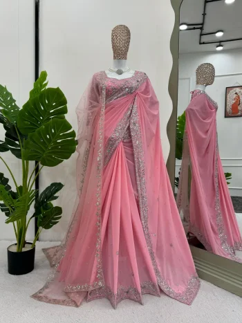 FANCY GEORGETTE THREAD & SEQUNCE WORK WITH PEARL WORK SAFREE WITH UNSTITCHED BLOUSE AND DUPATTA BABY PINK