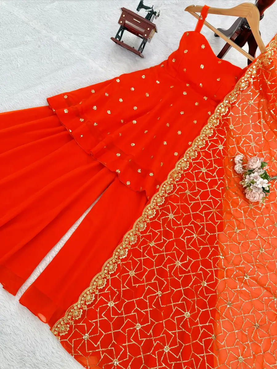 FANCY GEORGETTE THREAD WITH SEQUENCE WORK TOP PALAZZO WITH DUPATTA FESTIVE WEAR WHOLESALE PRICE ETHNIC GARMENT (9)