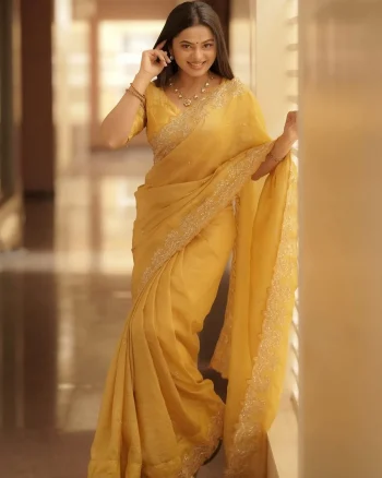 FANCY GOLD CRUSH MULTI THREAD EMBROIDERY WITH SEQUENCE WORK SAREE WITH UNSTITCHED BLOUSE YELLOW