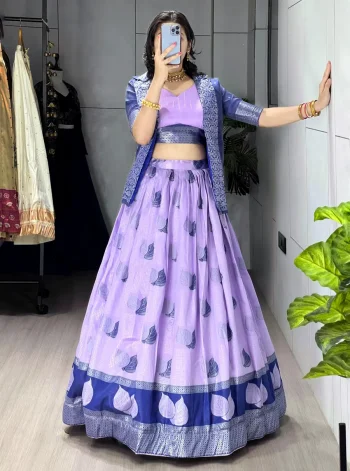 FANCY JACQUARD SILK WEAVING WITH CONTRAST BORDER WORK LEHENGA CHOLI WITH KOTI LAVENDER