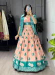FANCY JACQUARD SILK WEAVING WITH CONTRAST BORDER WORK LEHENGA CHOLI WITH KOTI PEACH