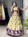 FANCY JACQUARD SILK WEAVING WITH CONTRAST BORDER WORK LEHENGA CHOLI WITH KOTI CREAM