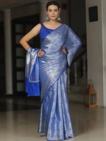 FANCY LICHI SILK BANARASI WEAVING WORK SAREE WITH UNSTITCHED BLOUSE BLUE