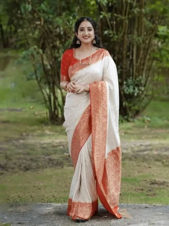 FANCY LICHI SILK JACQUARD BORDER WORK SAREE WITH UNSTITCHED BLOUSE OFF WHITE AND ORANGE