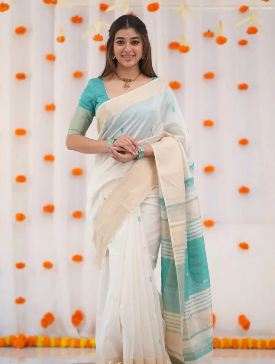 FANCY LINEN COTTON WEAVING WORK SAREE WITH UNSTITCHED BLOUSE FESTIVE WEAR WHOLESALE PRICE ETHNIC GARMENT (13)