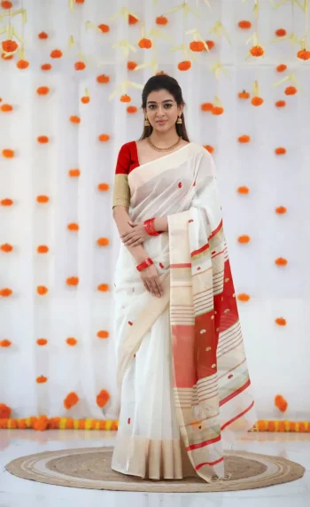 FANCY LINEN COTTON WEAVING WORK SAREE WITH UNSTITCHED BLOUSE RED