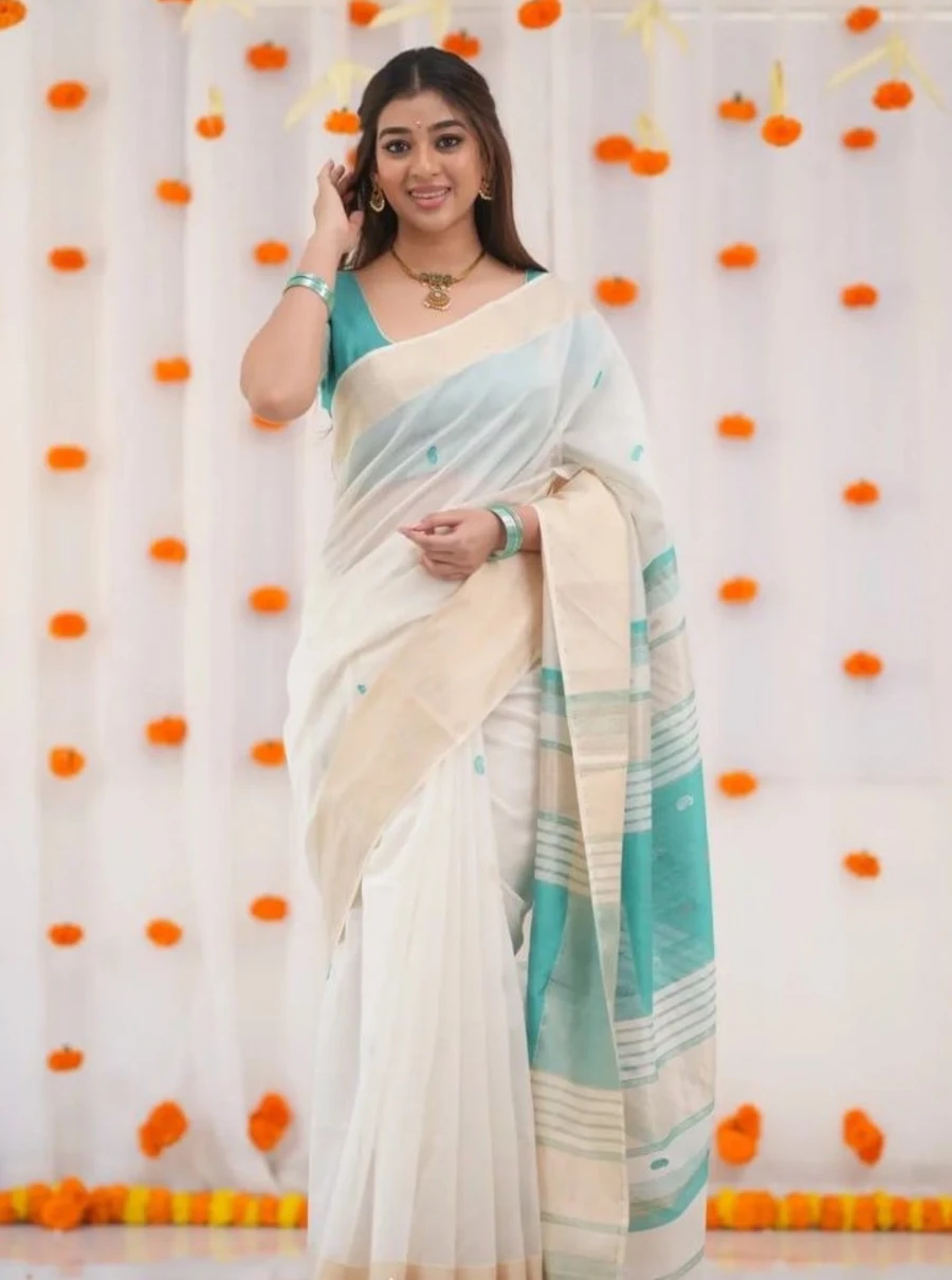 FANCY LINEN COTTON WEAVING WORK SAREE WITH UNSTITCHED BLOUSE FESTIVE WEAR WHOLESALE PRICE ETHNIC GARMENT (21)
