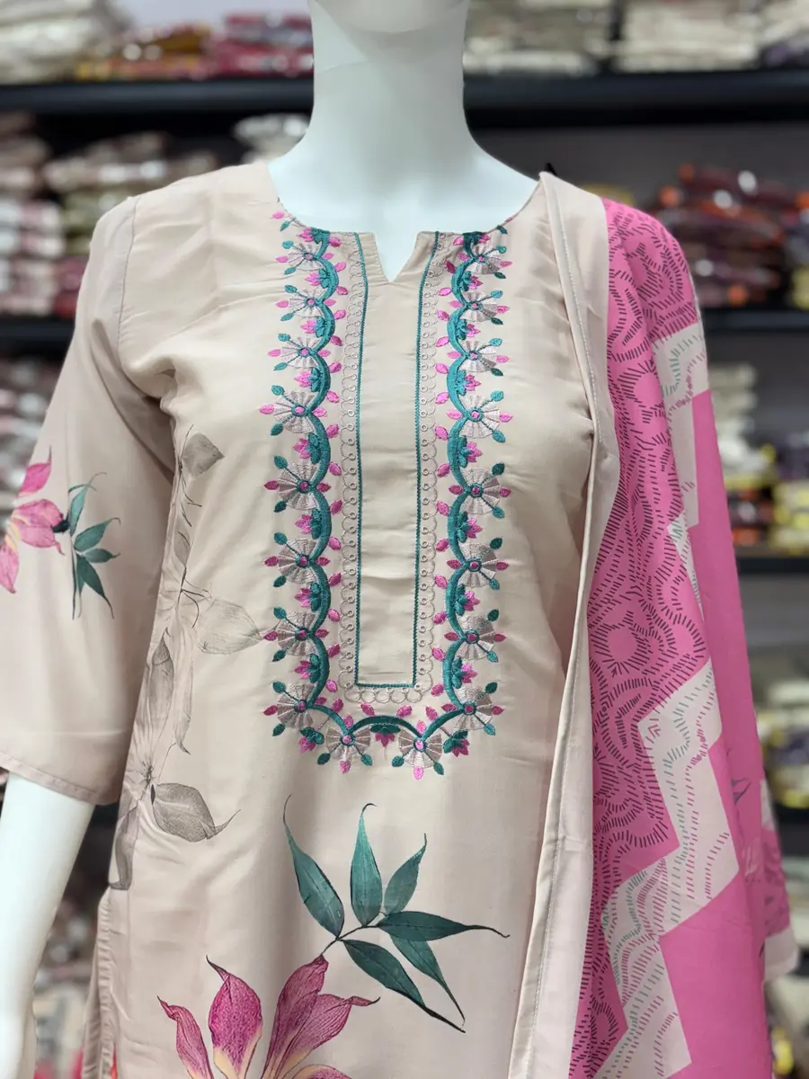FANCY MUSLIN MULTI EMBROIDERY WORK TOP BOTTOM WITH DUPATTA OFFICE WEAR WHOLESALE PRICE ETHNIC GARMENT (10)