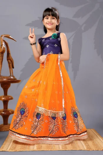 FANCY NET SEQUENCE EMBROIDERY WORK KID'S LEHENGA CHOLI WITH DUPATTA ORANGE