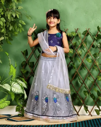 FANCY NET SEQUENCE EMBROIDERY WORK KID'S LEHENGA CHOLI WITH DUPATTA GREY