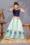 FANCY NET SEQUENCE EMBROIDERY WORK KID'S LEHENGA CHOLI WITH DUPATTA SKY